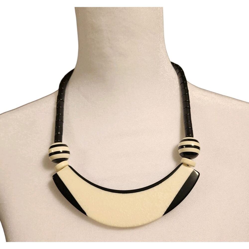 Vtg Chico's Necklace Black White Natural Stone Statement Fashion Jewelry